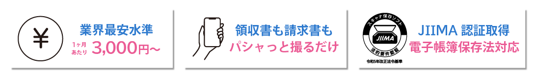 業界最安水準 1ヶ月あたり3,000円～／領収書も請求書もパシャッと撮るだけ／JIIMA認証取得・電子帳簿保存法対応